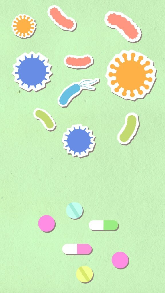 Paper cutout of contagious types of viruses on green background with pills and capsules for disease care during epidemic period